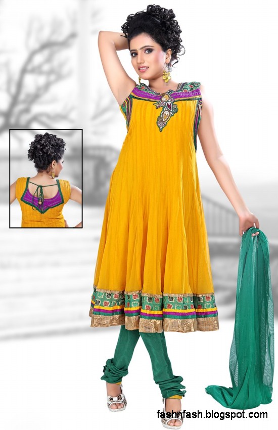 Anarkali Fancy Pishwas Frocks-Anarkali Double Shirt Style Frock New Fashion Dress Designs 2013-2