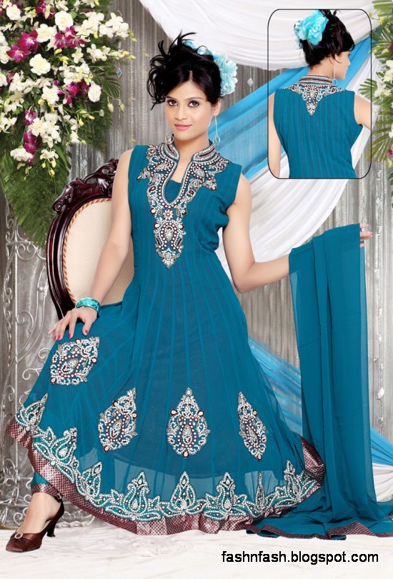 Anarkali Fancy Pishwas Frocks-Anarkali Double Shirt Style Frock New Fashion Dress Designs 2013-