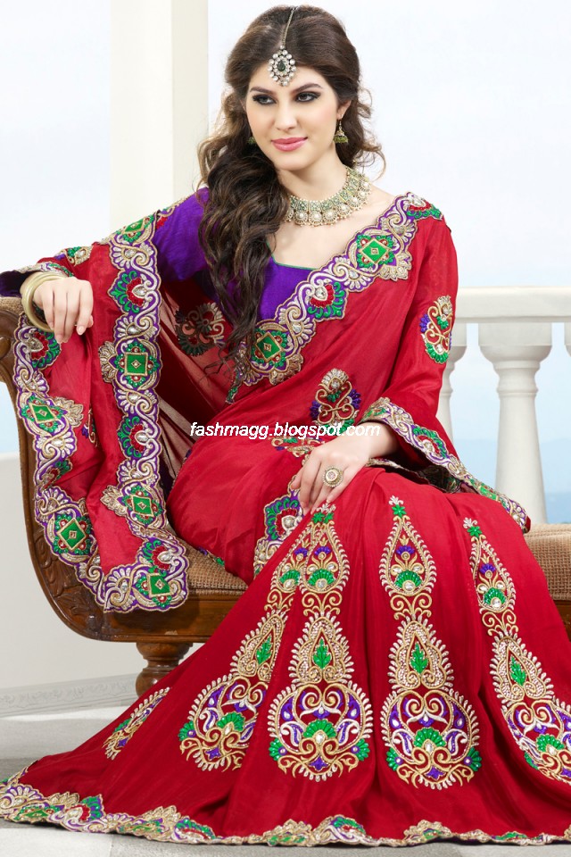 Indian Sarees For Wedding Bridal Wear Collection 2013 Latest Printed Embroidered Fancy Sari
