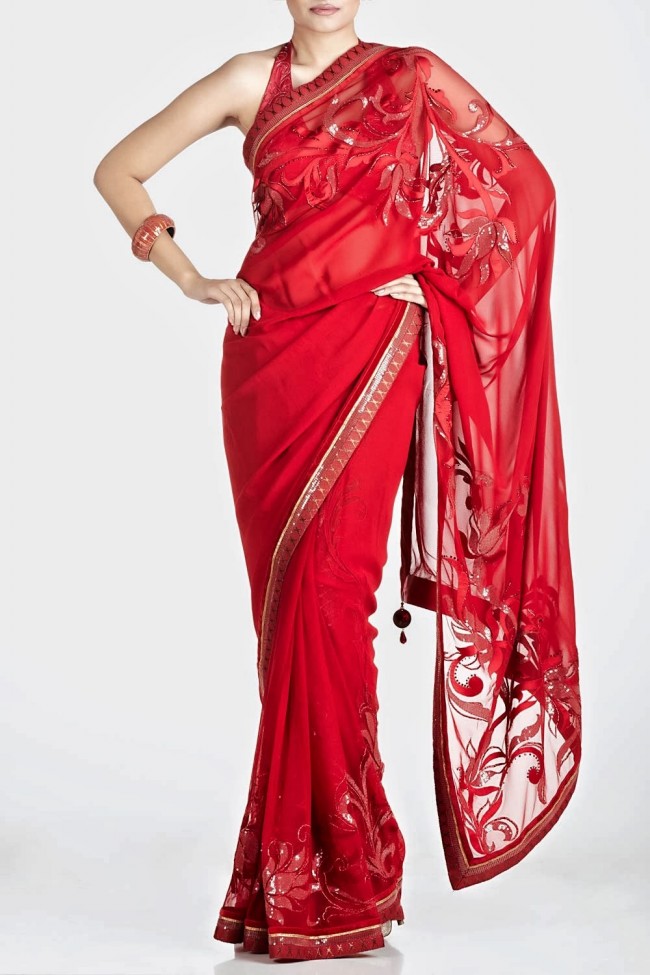 Beautiful-Girls-Wear-Red-Pink-Saree-New-Fashion-Saris-by-Designer-Satya-Paul's-Dress-1