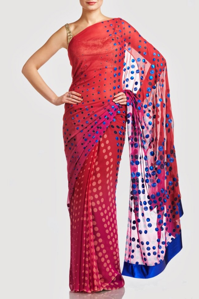 Beautiful-Girls-Wear-Red-Pink-Saree-New-Fashion-Saris-by-Designer-Satya-Paul's-Dress-10