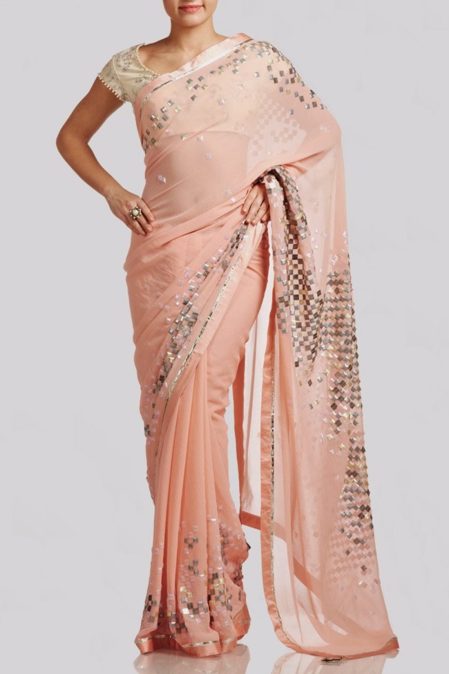 Beautiful-Girls-Wear-Red-Pink-Saree-New-Fashion-Saris-by-Designer-Satya-Paul's-Dress-3