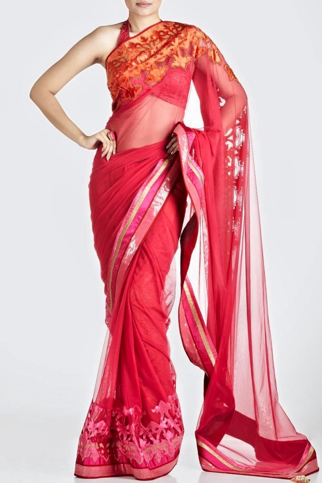 Beautiful-Girls-Wear-Red-Pink-Saree-New-Fashion-Saris-by-Designer-Satya-Paul's-Dress-4