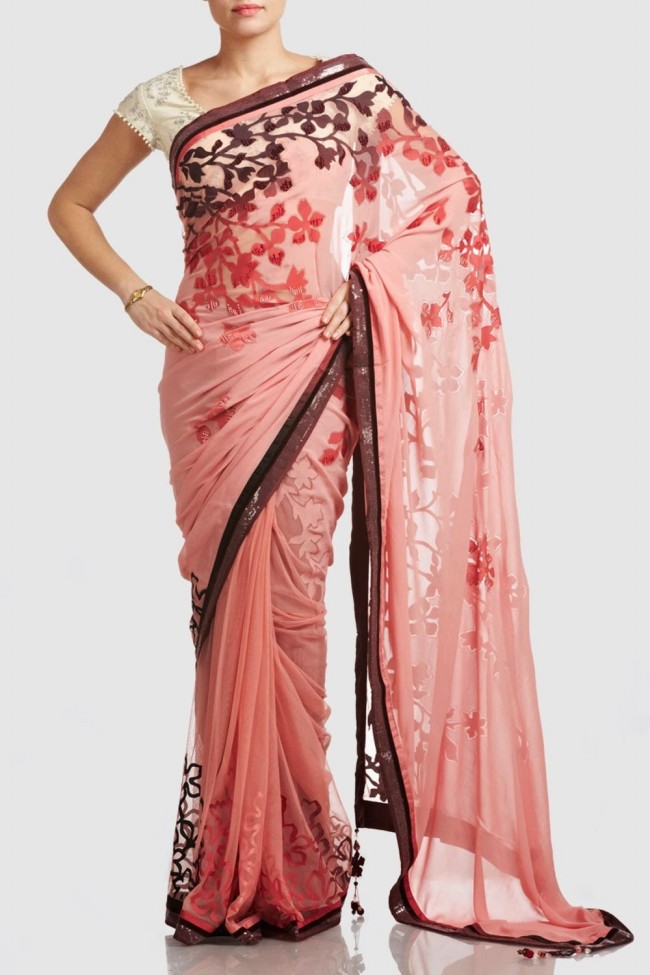 Beautiful-Girls-Wear-Red-Pink-Saree-New-Fashion-Saris-by-Designer-Satya-Paul's-Dress-5