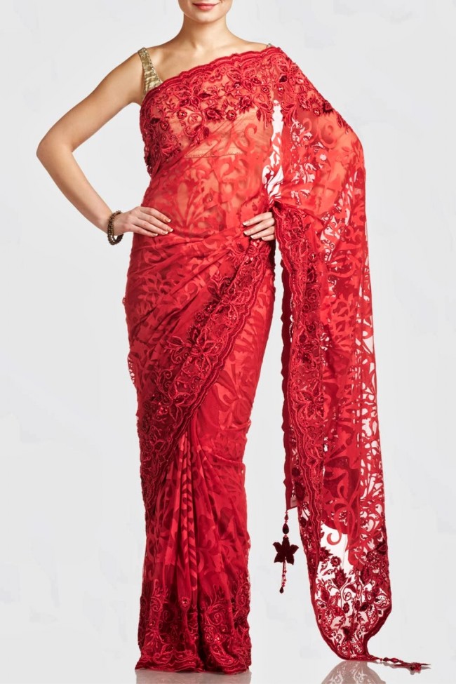 Beautiful-Girls-Wear-Red-Pink-Saree-New-Fashion-Saris-by-Designer-Satya-Paul's-Dress-6