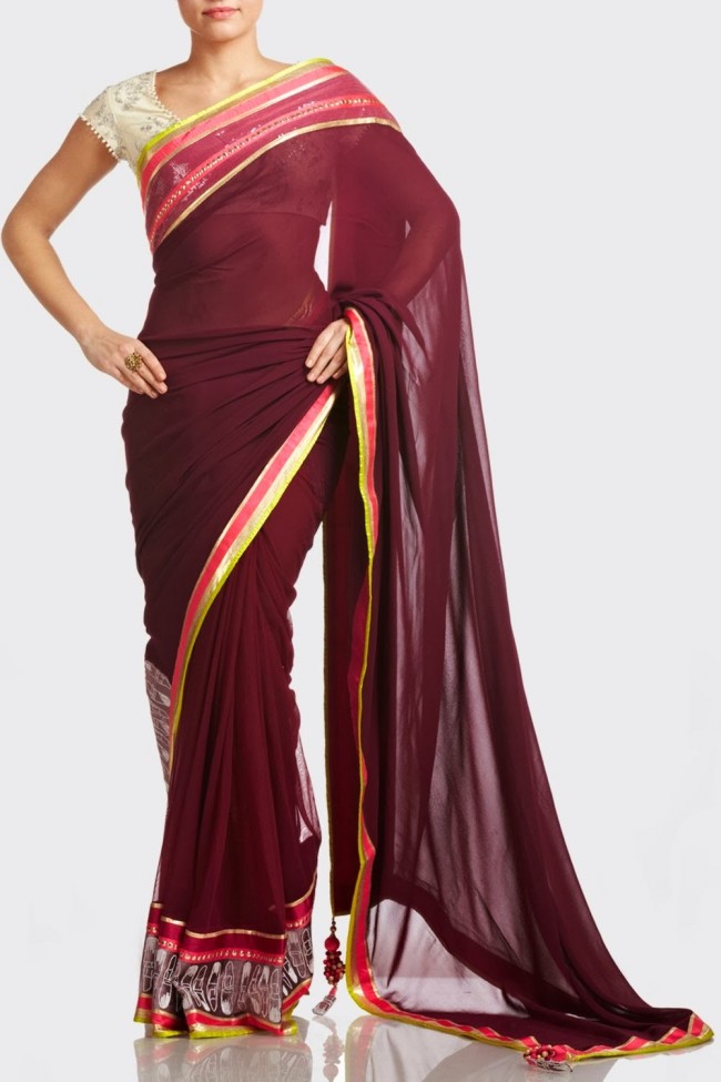 Beautiful-Girls-Wear-Red-Pink-Saree-New-Fashion-Saris-by-Designer-Satya-Paul's-Dress-8