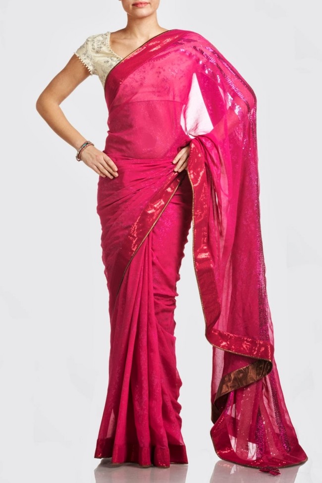 Beautiful-Girls-Wear-Red-Pink-Saree-New-Fashion-Saris-by-Designer-Satya-Paul's-Dress-